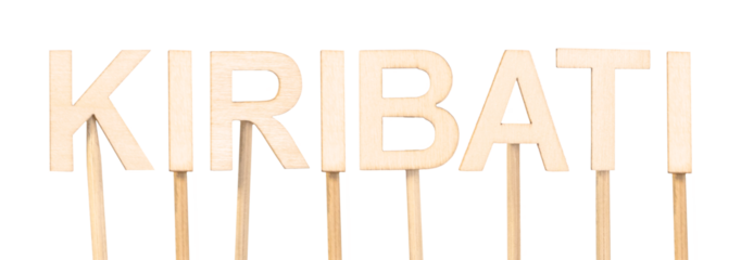 Wooden letters mounted on sticks spelling the word Kiribati. Country in Oceania.