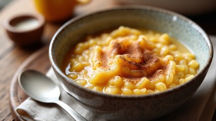 Creamy yellow Cornmeal porridge served in a rustic bowl, garnished with a sprinkle of cinnamon, perfect for a cozy autumn dinner setting. Healthy eating concept 