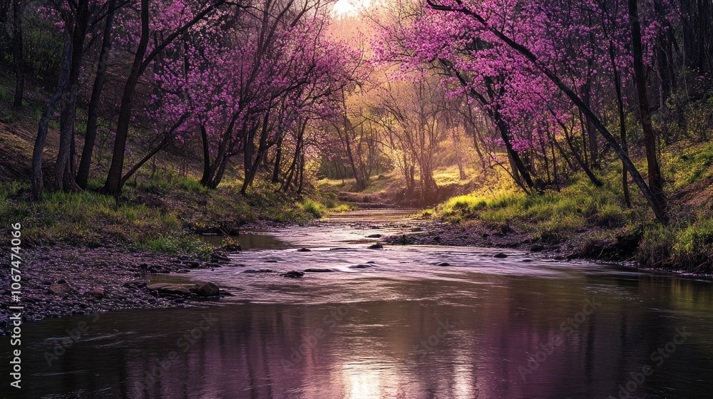 Poster A serene river flows through a forest with blooming trees and golden sunlight, creating a tranquil atmosphere.
