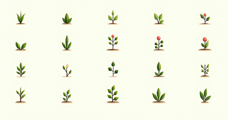 A diverse collection of plant icons includes a variety of scenes such as shoots and trees in different settings