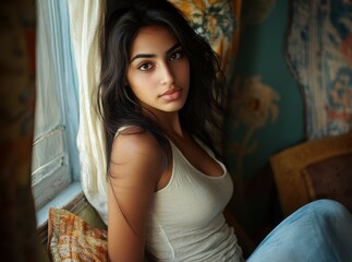 A confident young Indian woman exudes beauty and sensuality in her home showcasing her attractive features and relaxed demeanor