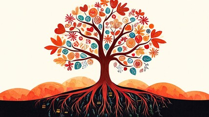 Colorful tree with stylized leaves and roots story concept meaning design celebration festive mood