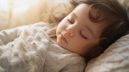 Obraz premium Peaceful baby close up with a tranquil expression, illuminated by soft, calming light.