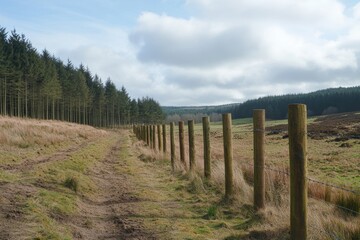 A newly set up electric fence and wooden posts are located on a picturesque UK farm with a forest visible in the background