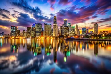 Obraz premium Night sky awash with vibrant reflections of the city's heart.