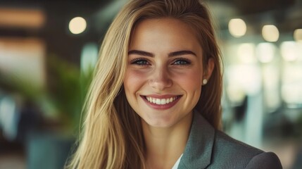 Obraz premium Smiling female executive in a corporate office, embodying confidence and professionalism in a business environment