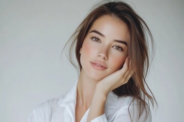 Naklejka premium A young lovely woman in a white shirt applies cream to her clear skin