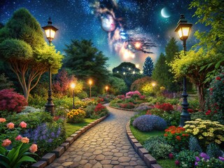 Night transforms a city garden into an ethereal and captivating haven.