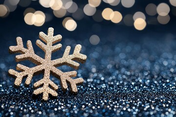 A Close-Up View of a Snowflake on a Glistening Blue Surface against a Night Sky