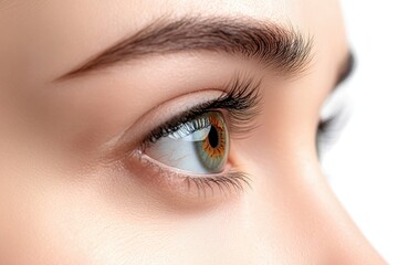 Fototapeta premium A woman with eye pain and strain against a plain white backdrop
