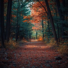 Obraz premium A path through an autumn forest with vibrant red and orange leaves.