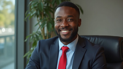  smiling businessman in suit and red tie sitting in chair, head and shoulders