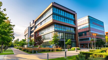 Office building exterior with modern architecture and busy surroundings