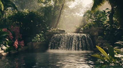 A serene waterfall cascades into a tranquil pool, surrounded by lush tropical foliage and bathed in the warm glow of morning sunlight.