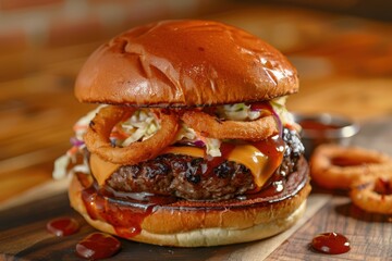 A barbecue burger with a smoky beef patty, barbecue sauce, onion rings, cheddar cheese, and coleslaw on a toasted bun