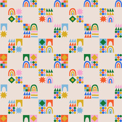 Fun colorful geometric shape seamless pattern. Abstract retro children style art background for kids, trendy design with geometry mosaic shapes. Simple childish patchwork wallpaper texture.