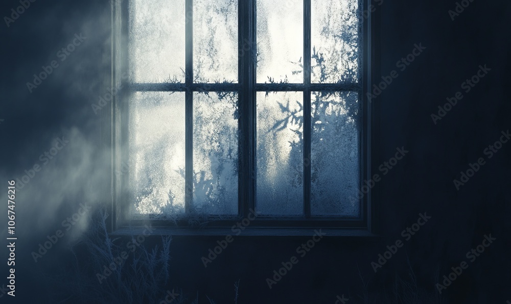 Poster frost-covered window with a foggy, diffused light shining through, creating a textured, ethereal eff