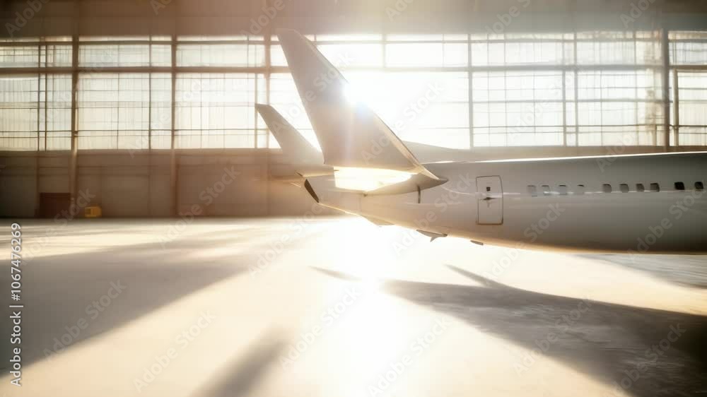 Poster Sunlight streams through large windows of an aircraft hangar, illuminating the tail of a modern passenger airplane parked inside