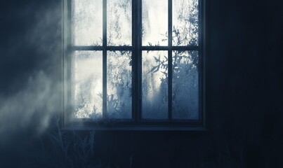 Frost-covered window with a foggy, diffused light shining through, creating a textured, ethereal effect