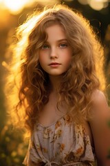Naklejka premium Innocent girl standing in a breezy meadow, with sunlight casting a warm, enchanting glow on her.