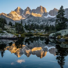 capturing a serene mountain lake, reflecting the surrounding peaks in the early morning light