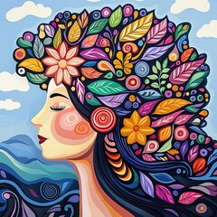 Colorful woman with floral hair illustration story concept meaning design celebration festive mood