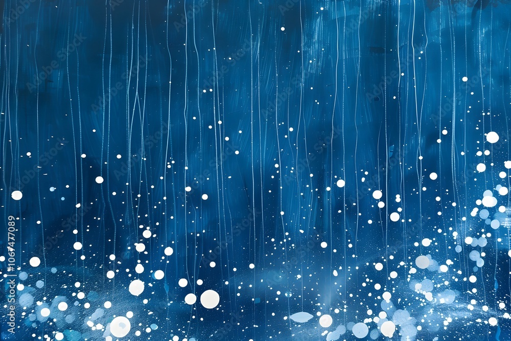 Poster abstract blue and white art with dripping lines and circular patterns