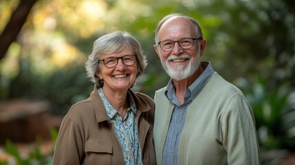 Smiling senior couple in park, royalty-free image suited for healthcare and senior living ads
