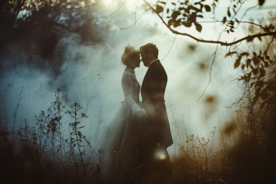 Vintage man woman surrounded by a luminous mist, evoking a romantic, fantasy atmosphere