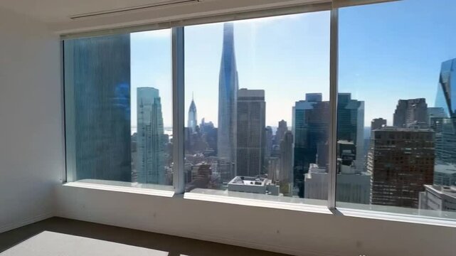 Unfurnished contemporary loft office with an empty interior, featuring a glass window showcasing the city skyline and surrounding buildings.