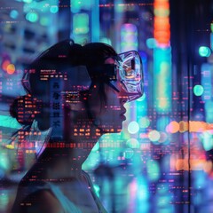 Fototapeta premium Woman exploring the metaverse, engaging with augmented reality and virtual communities through
