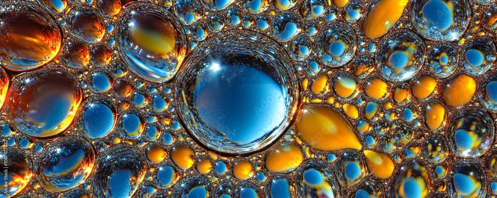 Poster colorful oil bubbles creating abstract pattern reflecting light