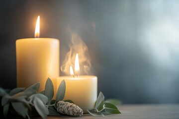 Background features white sage and burning candles with empty space for text