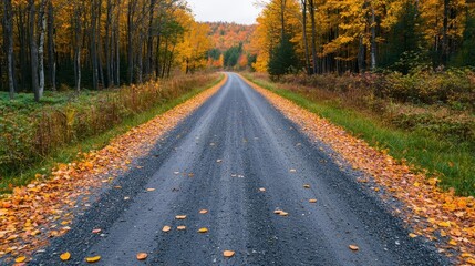 Narrow forest road lined with vibrant fall foliage, rustic charm with scattered leaves, misty morning ambiance, tranquil seasonal beauty