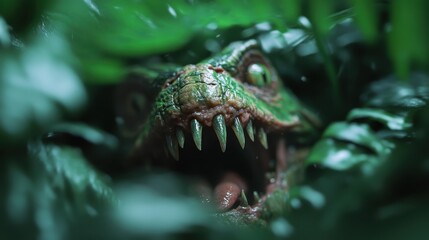 A dinosaur with open mouth and sharp teeth is emerging from dense green foliage, showcasing its...