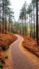 Fototapeta premium Narrow path winding through dense autumn forest, rich brown and golden tones, rustic charm, peaceful seasonal landscape