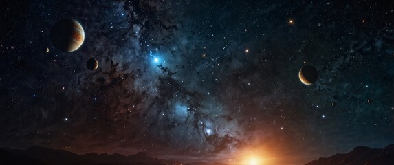 Cosmic Horizon:  A mesmerizing view of a distant planetary system, bathed in the ethereal glow of a celestial sunrise. The Milky Way stretches across the canvas.