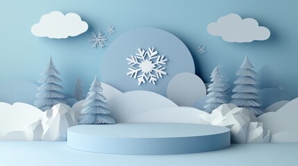 A winter wonderland display featuring paper trees, snowflakes, and a circular platform in a cozy blue backdrop at twilight