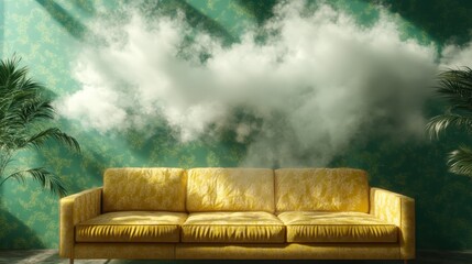 A yellow patterned sofa graces a green-hued room, where artistic cloud designs adorn the walls, adding a touch of modern serenity and natural ambiance.