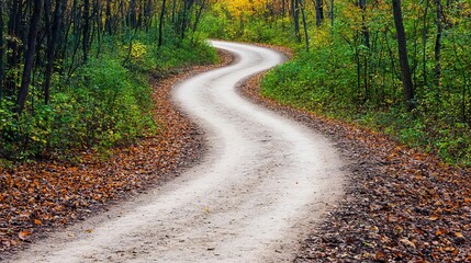 Winding dirt road through dense autumn woods, rustic pathway surrounded by colorful leaves, peaceful and reflective scene