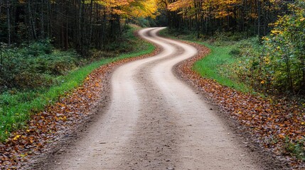 Obraz premium Winding dirt road through dense autumn woods, rustic pathway surrounded by colorful leaves, peaceful and reflective scene