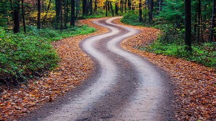 Obraz premium Winding dirt road through dense autumn woods, rustic pathway surrounded by colorful leaves, peaceful and reflective scene