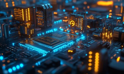 Futuristic circuit board with glowing elements and blue lights