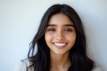 Fototapeta premium Cheerful Indian woman with flawless skin and white teeth showcasing natural makeup against a white backdrop