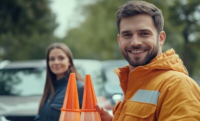 Cheerful male driving instructor with traffic cones smiling at the camera Young woman by the car waiting for him to finish