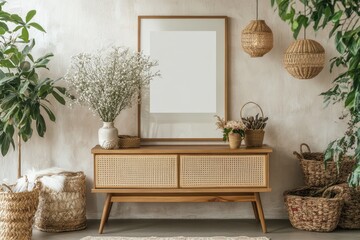 Chic living room interior featuring a poster frame wooden console floral vase decor and personal items Contemporary home design template