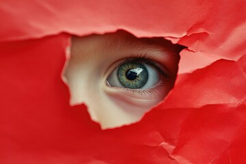 Child peering through a hole in red paper Boy tears through paper Spy eye observing through the opening
