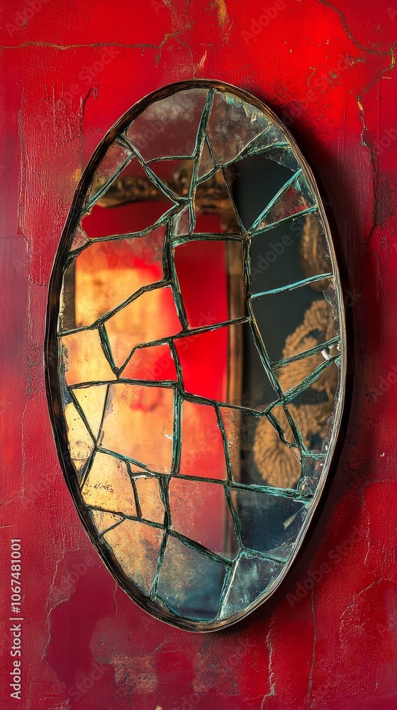 Poster mirror with a red background and a green frame
