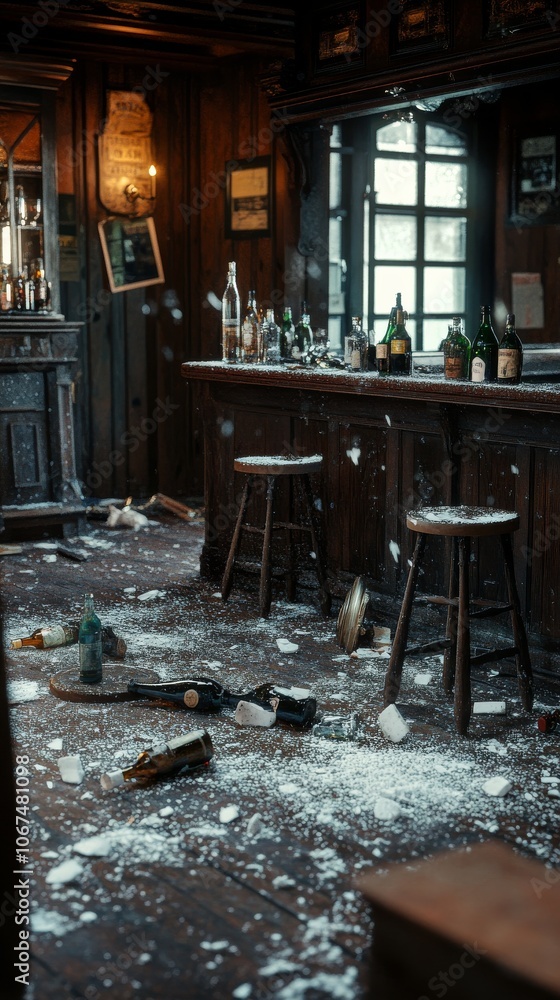 Poster bar with a lot of bottles and a lot of snow on the floor