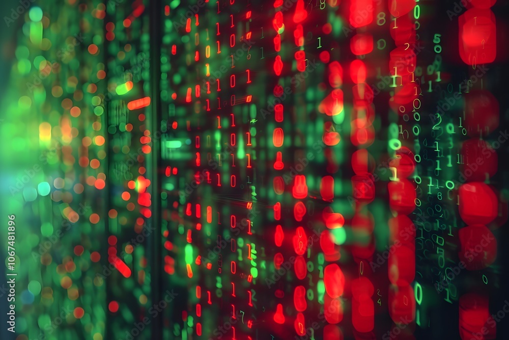 Poster vibrant digital matrix of binary code in red and green hues